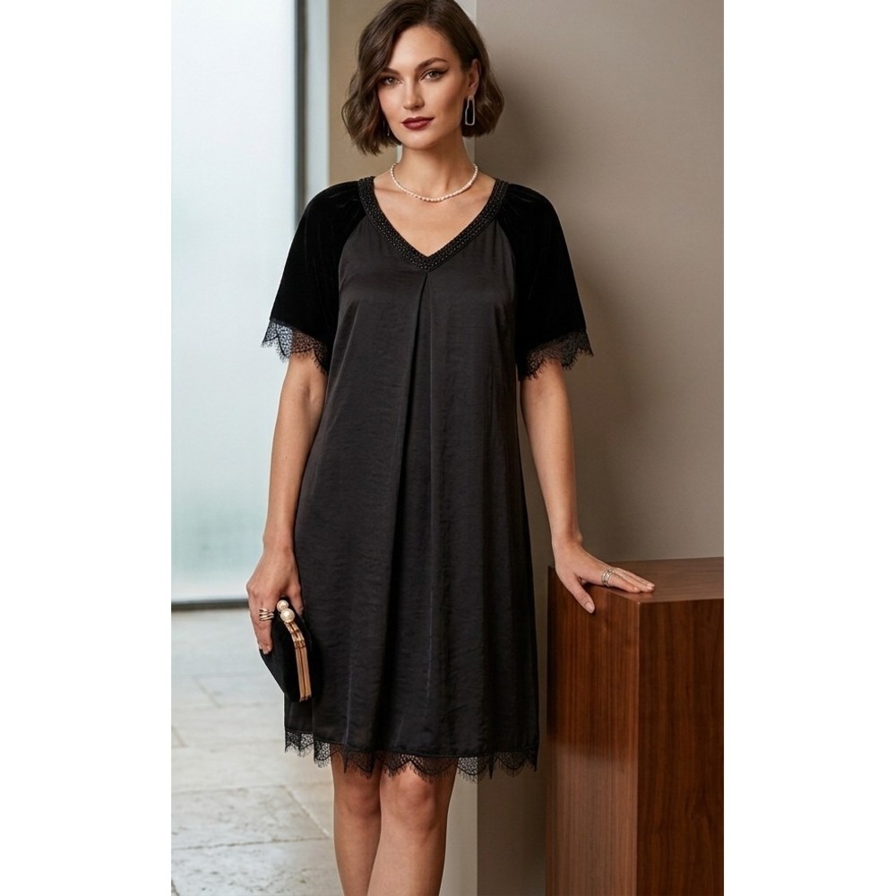 Day‎ Birger et Mikkelsen US 6 Black Satin Velvet Lace Beaded V-Neck Shift Dress